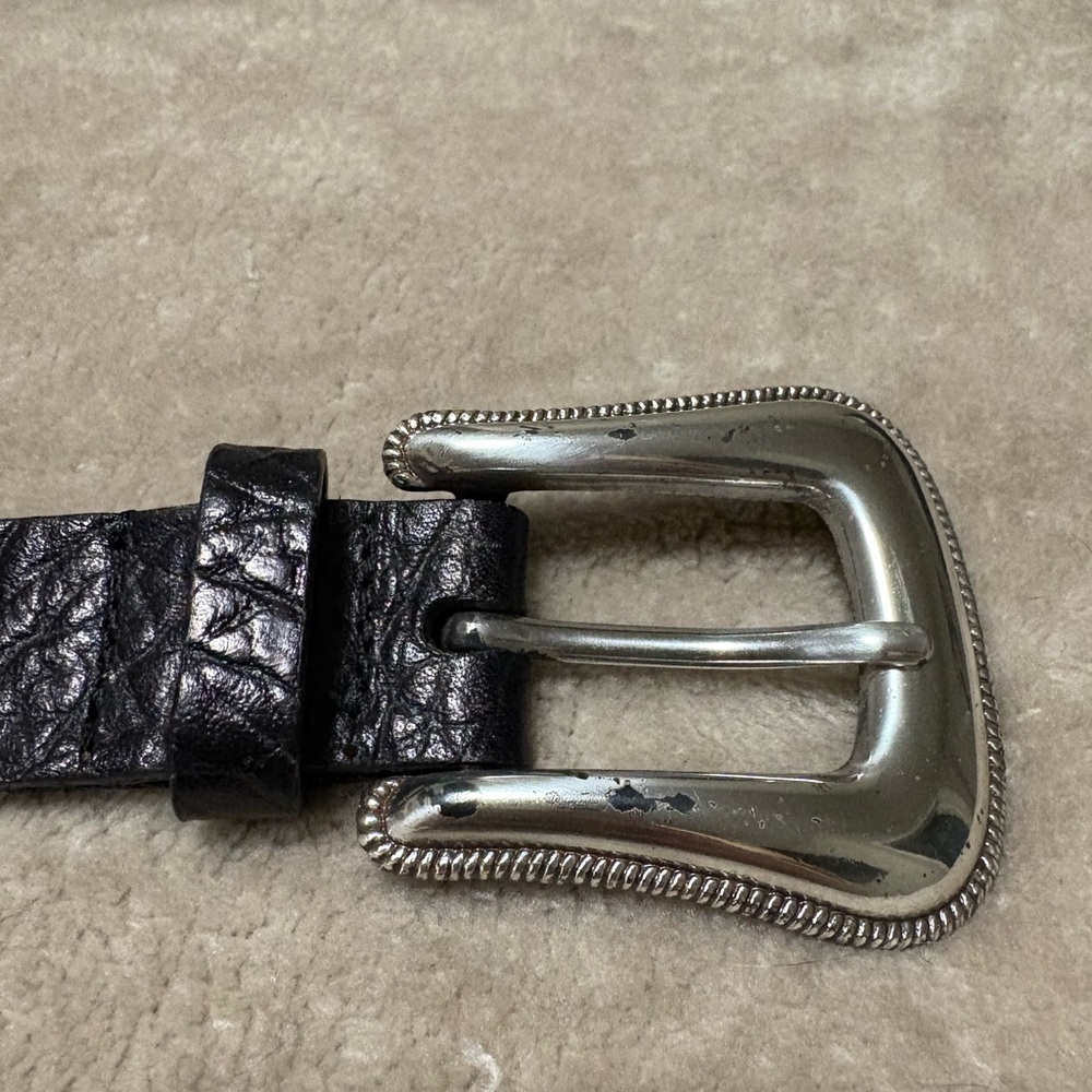Women’s black leather belt, size medium, Below the Belt silver western buckle